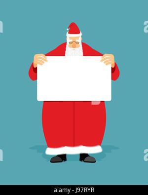 Good Santa Claus holding blank sign with space for text. Christmas man with white paper. Christmas Santa in red coat with  white banner. Stock Vector