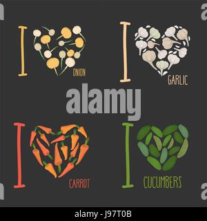 Set: I love vegetables: carrots and garlic. Symbol of heart of onions and cucumbers. Collection of signs for vegetarian food lovers. Stock Vector