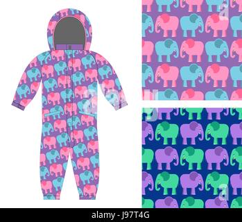 Childrens winter overalls. Fabric seamless pattern cute elephant. Set of backgrounds for children. Animal from jungle for children's clothing. Stock Vector