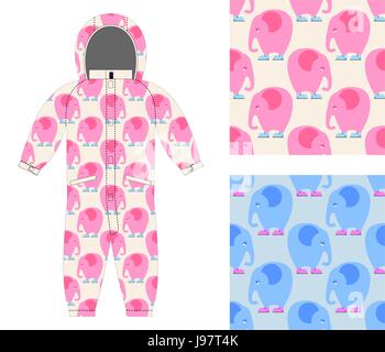 Jumpsuit child structure from cute elephant in shoes. Set of seamless pattern of sad pink elephant. Background for fabrics: for boys and girls. Stock Vector