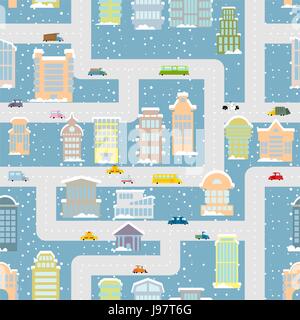 Winter city seamless pattern. Metropolis with Office buildings and transport. Skyscrapers and public property. Snow falls. Roof of  home covered with  Stock Vector