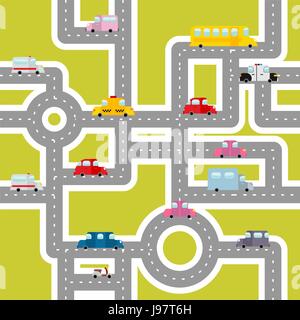 Road and transport seamless pattern. Cartoon map of cars and traffic. Bus and ambulance. Taxis and scooter. Texture of Cars for childrens fabric. Stock Vector