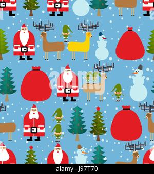 Christmas pattern. Background of snowfall. Decorative winter ornament. Santa Claus and reindeer. Gifts and snowman. New year set of background. Textur Stock Vector