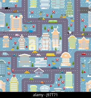 Winter city seamless pattern. Christmas in city. Map real estate and transport. Skyscrapers and people. Santa Claus brings presents. City life in new  Stock Vector