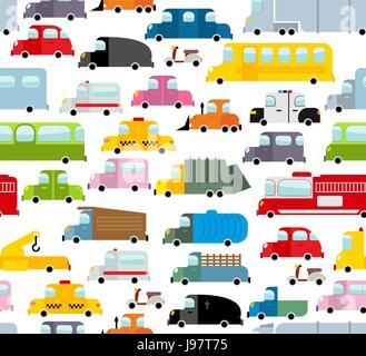 Car seamless pattern. Background of transport in cartoon style. Many small toy cars. Cute transport Texture for baby fabric. School bus and taxi. Tow  Stock Vector