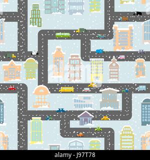 Snowfall in city seamless pattern. Urban map of winter. Background with roads, real estate and public buildings. Skyscrapers in snow. Infrastructure o Stock Vector