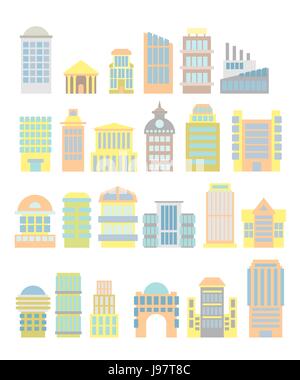 Set Business Property: shopping center and hospital. Tower and arch. Tall buildings and municipal buildings.  Skyscrapers urban icons Stock Vector