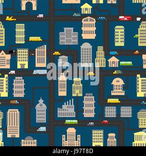 Night city pattern. Skyscrapers and transportation urban seamless background. Infrastructure, homes and cars. Texture of  road, real estate and public Stock Vector