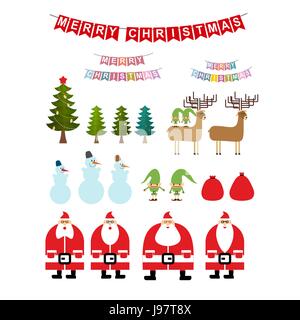 Set of Christmas items. Collection of New Years icons. Santa Claus and reindeer. Elf and Snowman. Christmas tree and gift bag. Holidays garland. Icons Stock Vector