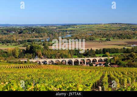 France, Cher, Menetreol-sous-Sancerre, the village and its viaduct, Sancerre AOC vineyards in autumn, the Loire and beyond Pouilly-sur-Loire Stock Photo