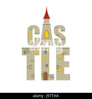 Castle with  Red Tower. Letters from the stones. Vector illustration of a historic Royal Castle with Windows and a wooden door. Stock Vector