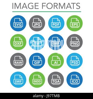 Icons to show different image formats, including JPG, SVG, EPS, DXF, etc Stock Vector