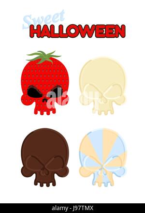 Sweet Halloween. Set Sweet skull of white and dark chocolate, strawberry and caramel. Vector illustration of candy for holidays Stock Vector