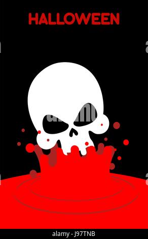 Skull falls into blood. Splashes of red blood. Vector illustration for Halloween Stock Vector