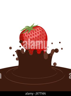 Red ripe strawberry drops in liquid hot chocolate. Splashes of chocolate on white background. Vector illustration food. Stock Vector