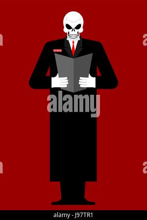 Mr Death. Skeleton in a black cloak. Reads last will and Testament. Vector illustration Stock Vector