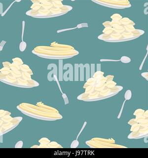 Plate of pasta. Dish with dumplings. Spoon and fork. Seamless pattern for kitchen Stock Vector