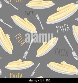 Pasta Seamless pattern. Dish with noodles and fork. Vector illustration Stock Vector