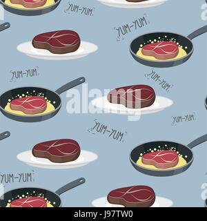 Cow steak on a plate. Pork steak on skillet. Seamless pattern from meat. Yum-Yum. Vector illustration. Background of Tenderloin Stock Vector
