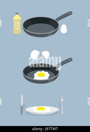 Manual cooking scrambled eggs. Fry  omelette. Frying pan and a bottle of oil. Infographics ingredients for cooking breakfast. Stages of cooking in kit Stock Vector