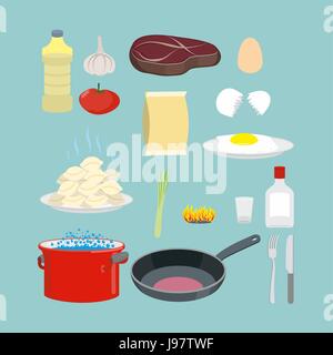 Set of kitchen utensils and food. Pan and casserole, meat and eggs. Vector objects for infographics in cooking instructions. Stock Vector