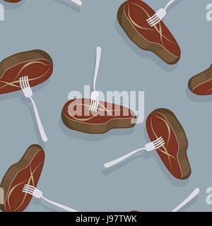Piece of roasted meat on a fork. Seamless paterrn delicious juicy steak. Vector background Stock Vector