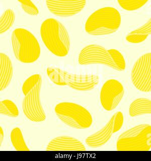 Potato chips seamless pattern. Vector background of food. Fried potatoes fried. Corrugated golden chipsd. Stock Vector