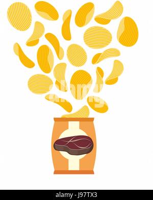 Potato chips with taste of fried steak. Packing chips and flying potatoes. On a white background. Vector illustration Stock Vector