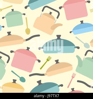 Kitchen utensils seamless pattern. Background of colored glassware. Forks and spoons, pots and pans. Vector illustration Stock Vector