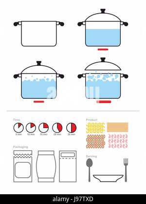 Manual cooking in a saucepan. Set to manual on preparation, cooking pasta or shrimp. Includes product packaging. And the cooking time. Vector illustra Stock Vector