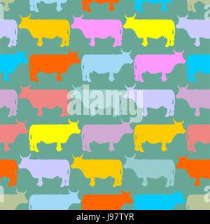 Сolored cows Herd. Seamless pattern ornament of animals on farm Stock Vector