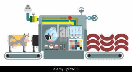 Infographic Production sausage. Stages of production of sausage made from beef. Conveyor belt with cows. Natural product sausages. Vector illustration Stock Vector