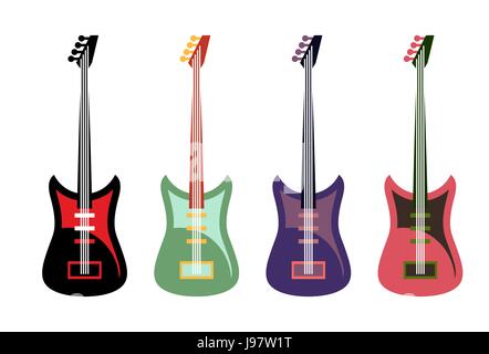 Set of colored guitars. Multi-colored rock electric guitars. Stock Vector