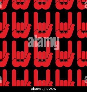 Rock hand sign seamless pattern. Black background and red hands. Rock and roll Textur. Stock Vector