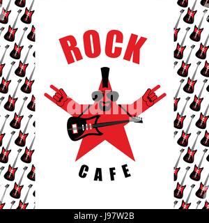 Rock Cafe. Logo template for music rock bar. Star with electro guitar and rock hand sign. Stock Vector