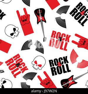 rock music seamless pattern.  Guitar and skull. Wings and rock hand sign. Rock and roll background. Stock Vector
