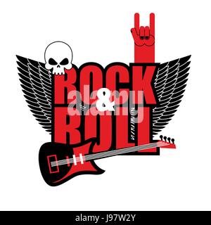 Rock and roll logo. Electric guitar and skull. Logo for lovers of rock music. Template logo for Rock Festival. Stock Vector