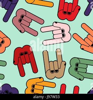 Multicolored Rock hand sign seamless pattern. Rock and roll background. Texture from  hands of people. Stock Vector