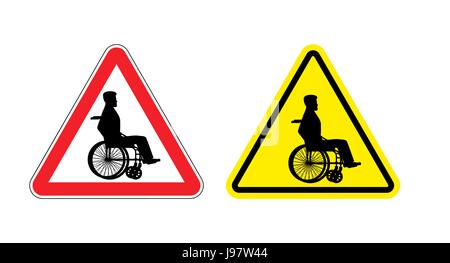 Attention disabled on wheelchair. Warning sign about  person in wheelchair. Red and yellow road sign. Stock Vector