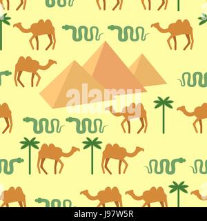Egypt. Seamless pattern Characters of Egypt: pyramids and camels. Palm and snake. Vector background. Stock Vector