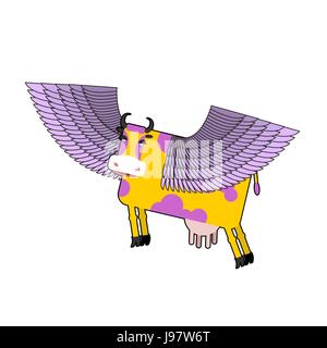 Cow with purple wings. Flying animal. vector illustration. Fantastic mammal. Stock Vector