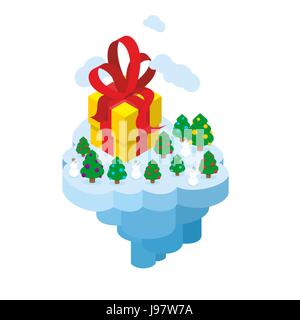 Flying Christmas Island. Gift and Christmas tree for fantastic earth. Part of land flies in  air. Snowman and big box gift. New year illustration. Stock Vector