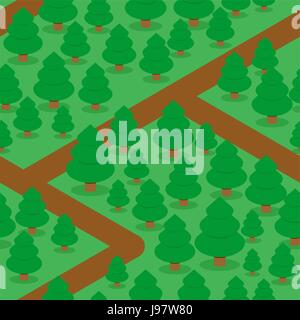 Forest seamless pattern. Spruce thicket natural background. Forest trails and trees. Texture for baby tissue. Stock Vector