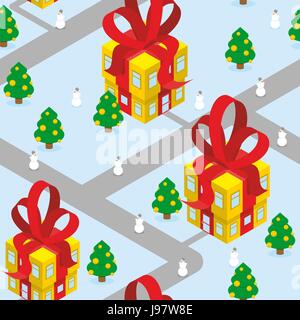 Gift Christmas city seamless pattern. Fantastic urban district. Gift box offices with red bow. Residents - snowmen and Christmas trees. Unusual buildi Stock Vector