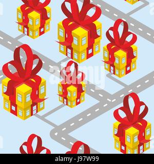 City presents seamless pattern. Building of  gift box with red bow. Background for new year or birthday. Fantastic Cute area of town off  road and hom Stock Vector