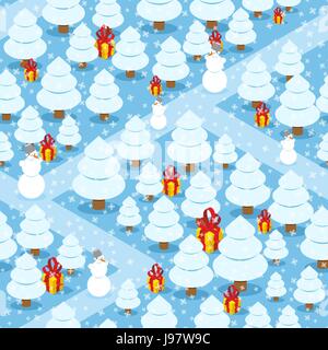 Winter forest seamless pattern. Gifts and Christmas tree. Many of gift boxes with red bow. Snowfall in more often. Trees under snow. Forest trails. Ho Stock Vector