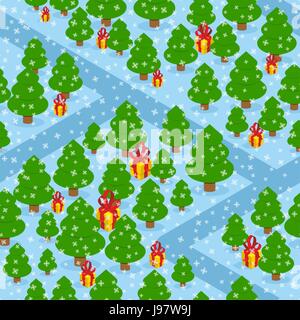 Forest with gifts seamless pattern. Big yellow box with  red bow. Many of firs. Snowfall. Falling snowflakes background. Holiday ornament for Christma Stock Vector