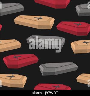 Colourful coffins seamless pattern on a black background. Vector illustration for Halloween Stock Vector