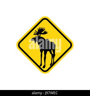 Road sign yellow deer, Moose. Vector pointer Attention animal. Wild animal may be on  road. Stock Vector