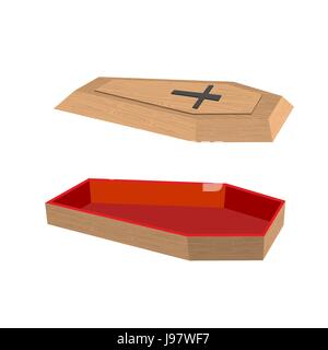 Open coffin on a white background. Lid of a coffin with a cross. Wooden coffin with red trim inside. Vector illustration Stock Vector